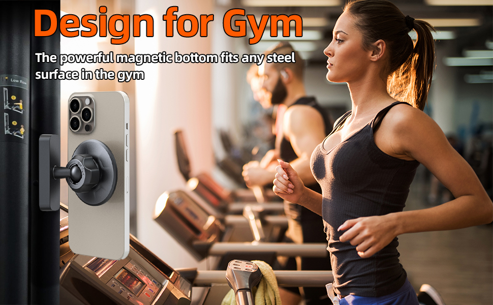 Smartphone magnetic mount attached to gym equipment. Device shown securely held to metal surface, with text highlighting magnetic bottom design for gym use.