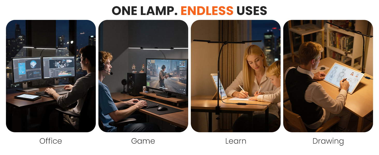 Computer Monitor Table Lamp 3 Head Adjustable Desk Lamp for Reading Study Workbench