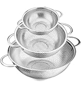 Stainless Steel Colander Set of 3 (1-3-5Quart), E-far Micro-Perforated Metal Colander Strainer wi...