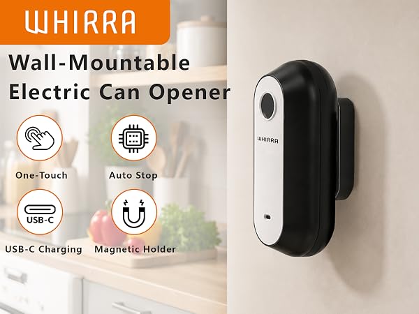 WHIRRA Electric can opener, featuring automatic hands-free operation for effortless can opening.
