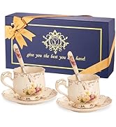 YOLIFE Tea Cups and Saucers Set of 2, Vintage Ceramic Tea Cups Set Floral with Gold Leaves Trim -...