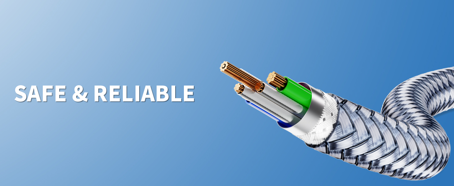 3 Prong AC Power Cable Nylon Braided PC Power Cord Replacement for Computer, HDTV, Monitor, Printer