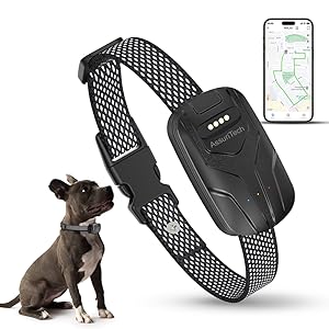 Smart pet tracking device with black mesh band. Shows companion app interface, device worn on pet collar, and separate views of the tracker unit.