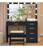 FIONESO Vanity Desk with Mirror and Lights, Vanity with Power Outlet, Makeup Vanity with Large Mi...