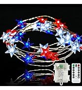 BOHON Independence Day Decor LED String Lights Battery Operated with Remote 10 ft 40 LEDs USA Ame...