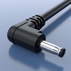 A close-up of a 90-degree elbow round power connector.