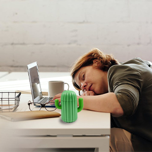 A boy fell asleep on his desk with a cactus humidifier on next to him