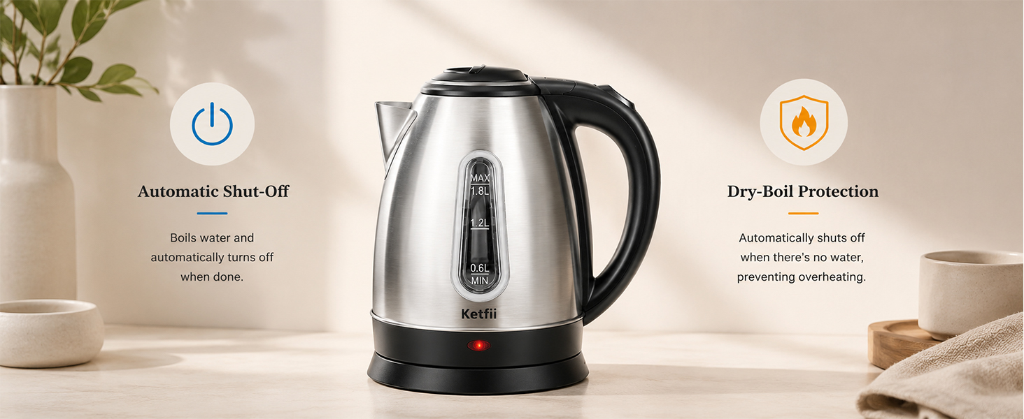 Electric Kettle, Stainless Steel 1.8 Liters Tea, Coffee Kettle &amp;amp; Hot Water Boiler