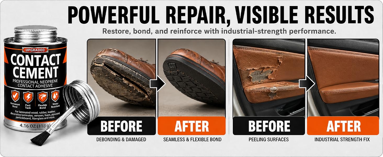 Contact cement repairs shoe soles and car interior leather with visible results