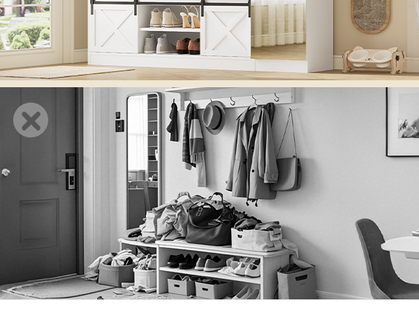 Hall Tree with Bench and Shoe Storage Entryway with Tall Mirror Farm House Barn Door