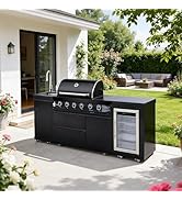 86" Outdoor Kitchen Island with Side Burn,4+1 Burner Modular Kitchen with Grill Station Cabinetry...