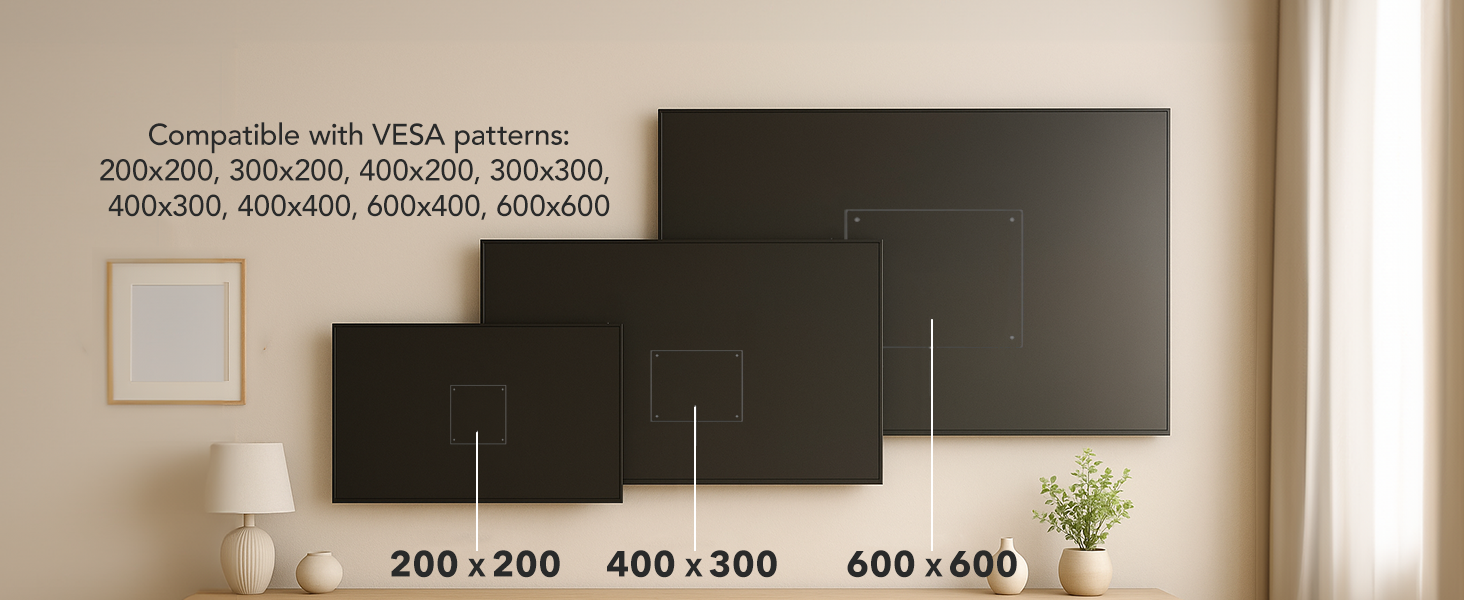 VESA compatible: 200x200-600x600 including 300x300, 400x300, 400x400, 600x400.