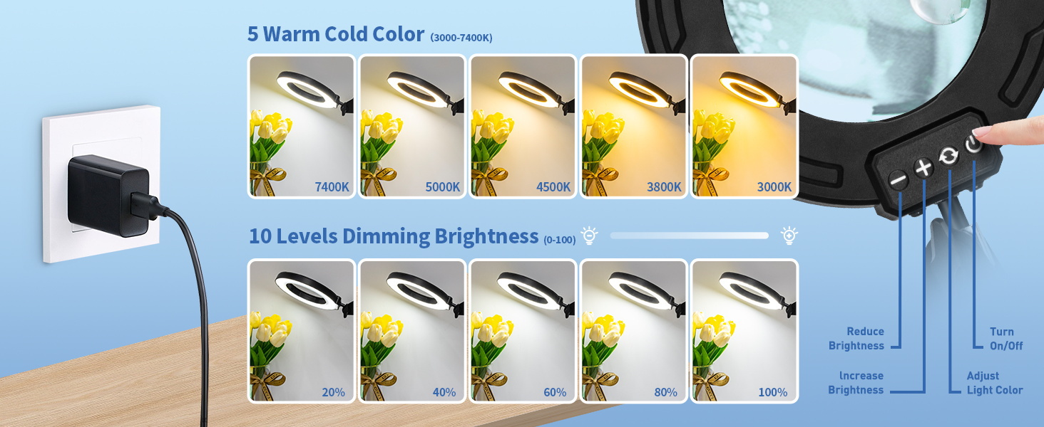 5 color modes and infinite dimming magnifying glass with light lighted magnifying glass