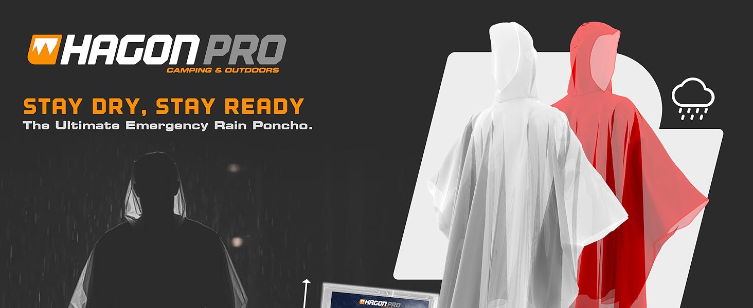 Emergency rain poncho in use during heavy rain with product showcase in white and red