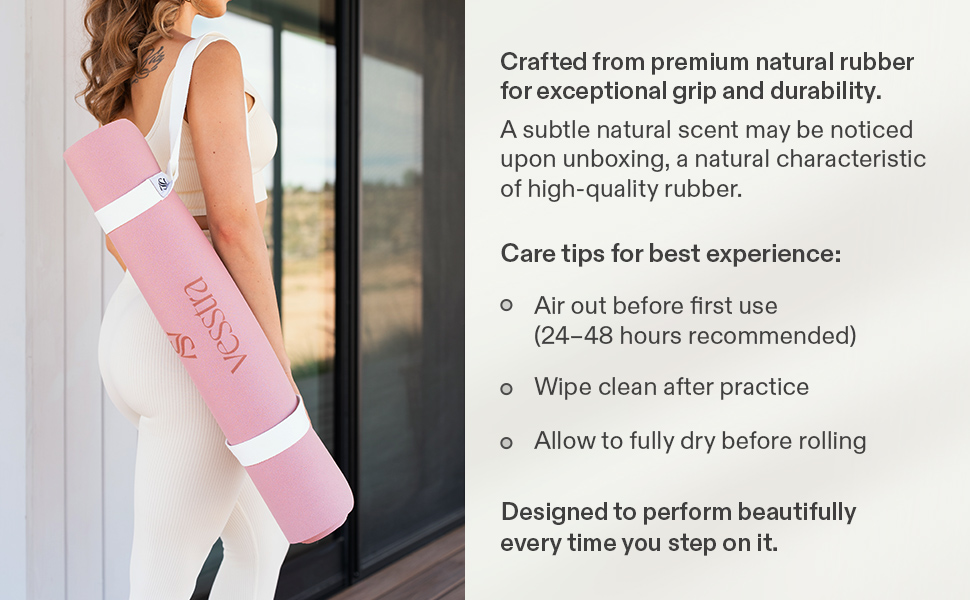 Natural rubber non-slip yoga mat in a modern home; includes care tips for durability.