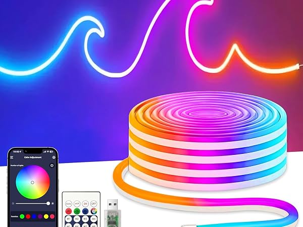 RGB neon LED light strips in blue, pink, and orange colors coiled in circular pattern. Control app shown on smartphone with color wheel, remote control, and power adapter included.