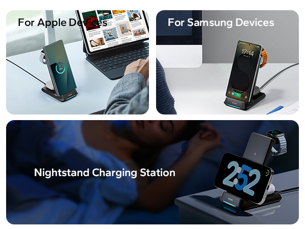 Text reads 'For Apple Devices', 'For Samsung Devices', 'Nightstand Charging Station'. Multiple images showing device charging dock with various phones and LED display.