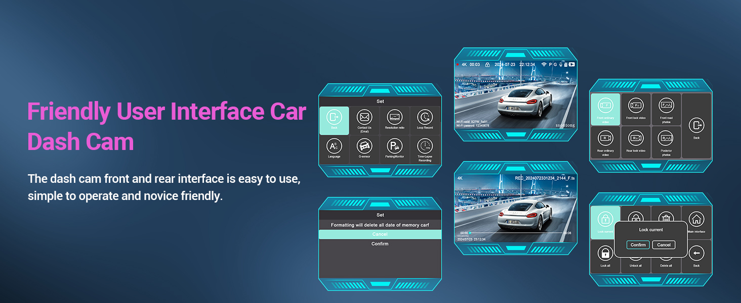 Car dashboard interface mockup showing multiple screens with vehicle monitoring displays and control panels in blue and teal color scheme.