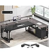 UPOSOJA 71 in Executive Desk with Power Outlets, Reversible L Shaped Computer Desk with File Draw...