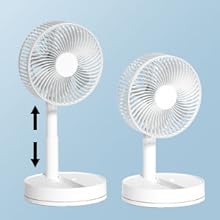 Two white portable fans with adjustable height on a light blue background.