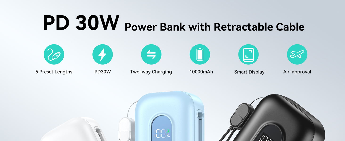 Portable Power Bank with Retractable USB C Cables