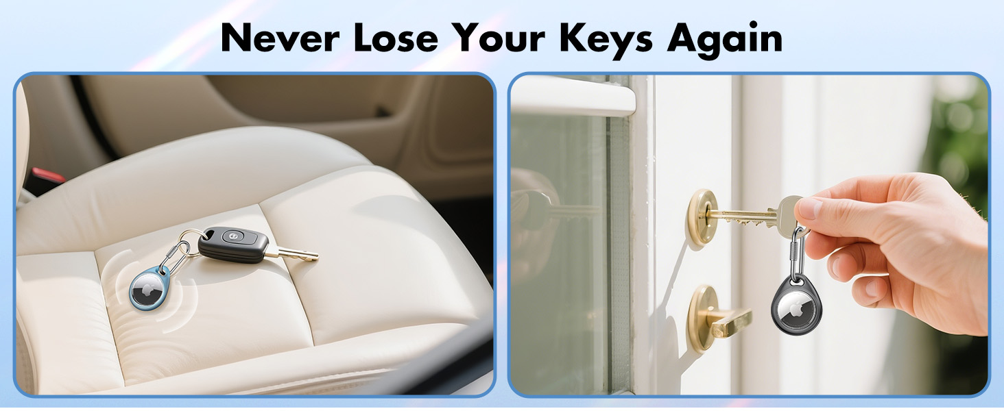 Key finder device with spherical metal tag attached to car keys on a car seat, and the same device being used to unlock a door, demonstrating its dual functionality.