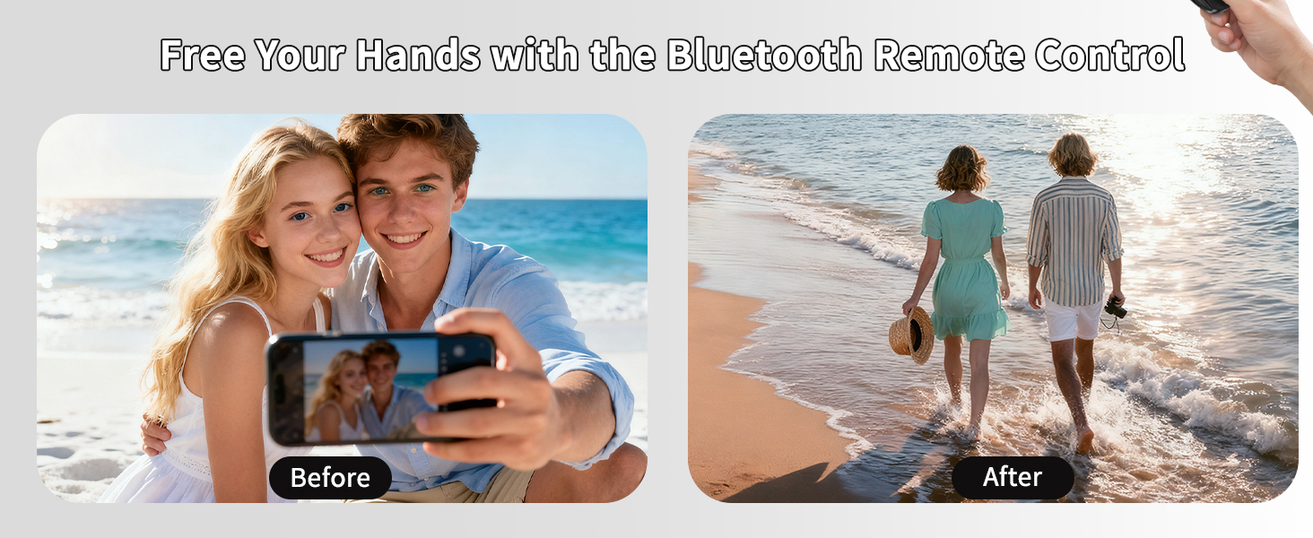 Product comparison showing two beach scenes. 'Before' and 'After' images demonstrating photo quality difference on a beach setting.