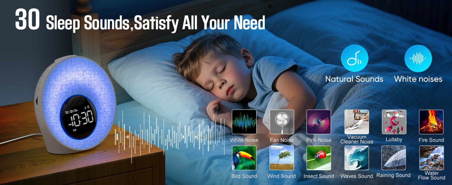 Text reads '30 Sleep Sounds Satisfy All Your Need'. Smart alarm clock with glowing blue display showing time, displayed next to sleeping child. Device features sleep sound icons and wave visualization on screen.