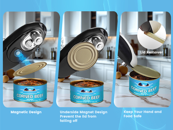 Step-by-step sequence showing tuna can opening process, demonstrating proper technique for using manual can opener on metal lid, progressing from initial puncture to complete removal.