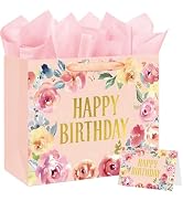 16.5" Extra Large Happy Birthday Gift Bag with Card and Tissue Papers, Handles Floral Design for ...