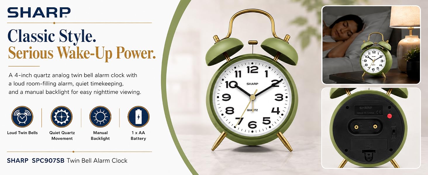 retro clock 50s 60s 70s analog twin bell loud alarm super loud battery powered wake up everytime