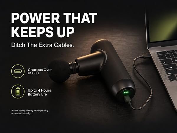 Mini massage gun charging over USB-C, up to 4 hours per charge