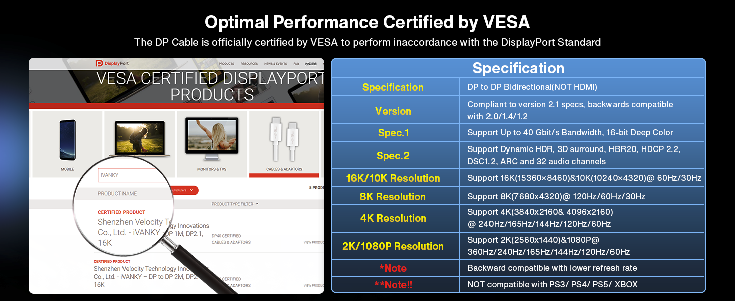 VESA Certified 16K DisplayPort Cable 2.1