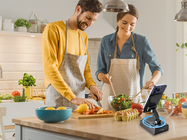 Series of kitchen scenes showing product being used on countertop while preparing food, demonstrating various cooking activities.