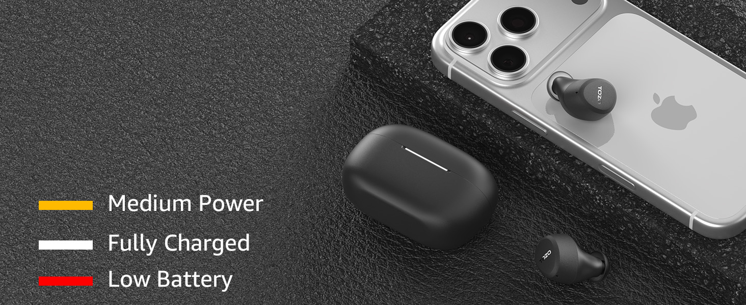 LED battery indicator lights on TOZO A1 charging case showing power status levels