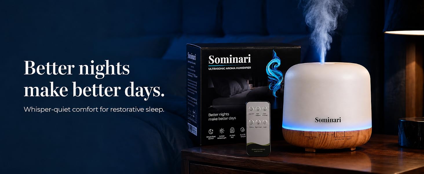 Sominari essential oil diffuser 500ml on bedroom nightstand with quiet cool mist