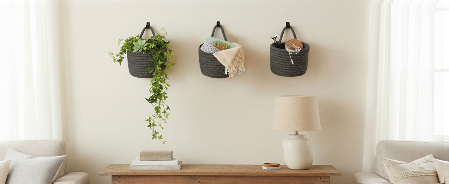 Small Woven Baskets Pouches Set Boho Style Wall Mounted Bag with Adhesive Hook