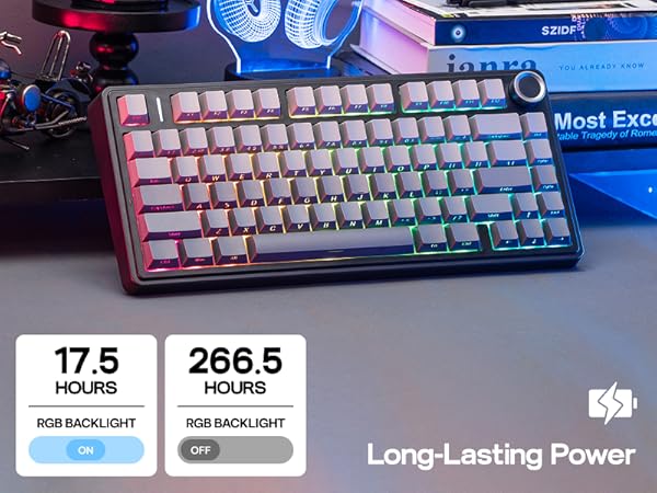 Text reads 'Long-Lasting Power', '17.5 HOURS RGB BACKLIGHT ON', '266.5 HOURS RGB BACKLIGHT OFF'. Gaming keyboard with RGB backlit keys, displaying battery life statistics with backlight settings.