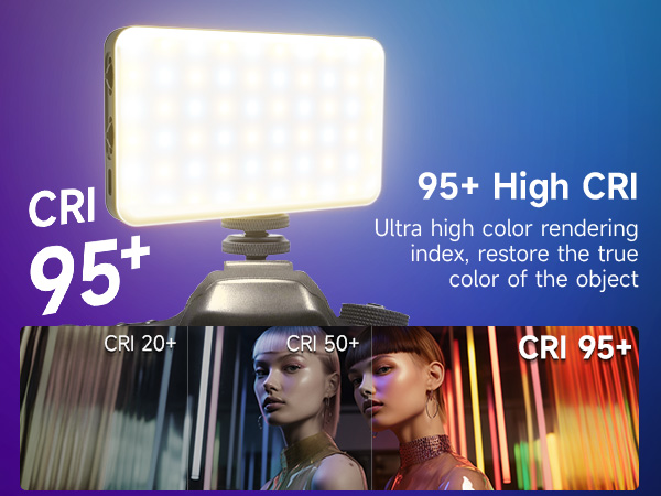 LED panel light with high CRI 95+ rating displayed against blue-purple gradient background, showing color accuracy comparison across different lighting conditions.