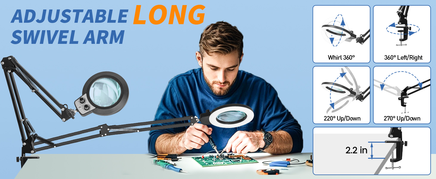 adjustable rotating long arm magnifier lamp hands free desktop magnifying glass with light