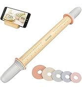 Geesta Adjustable Wood Rolling Pin with 5 Thickness Rings, Precise Dough Roller Handle Press Desi...