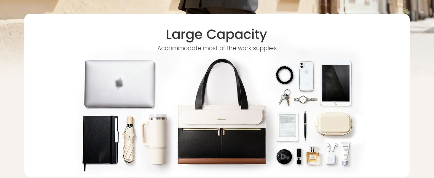 Spacious tote bag with organized compartments fits laptop, tablet, water bottle and daily essentials