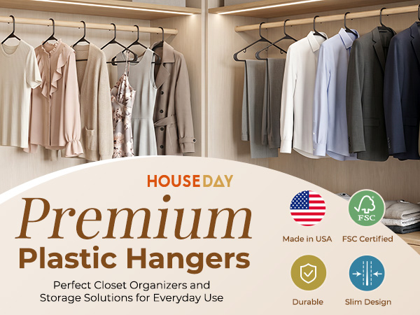 Summer wardrobe on slim black hangers 50 Pack: cami dress and tank top. Built-in hook holds straps