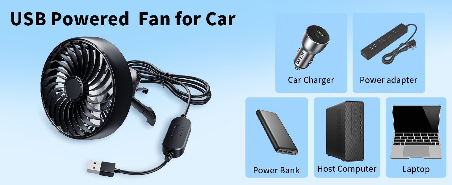 xuenair usb fan for car air vent compatible with car charger laptop power bank computor adapter