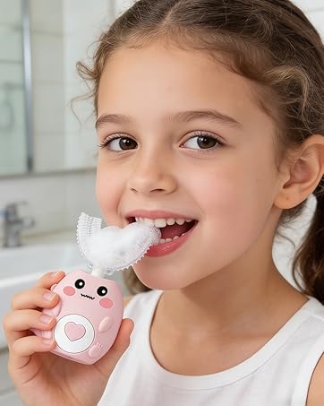 Sequence showing interaction with a small white product with cute cartoon-style design features in a bathroom setting.
