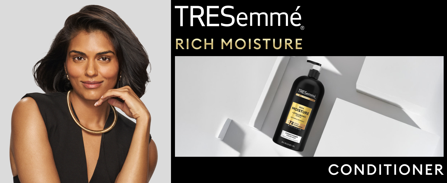 Woman with beautiful healthy-looking hair next to an image of product&amp;#39;s bottle.