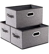PRANDOM Large Foldable Storage Bins for Shelves [3-Pack] Decorative Linen Fabric Storage Baskets ...