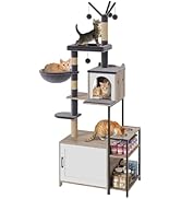 HavenlyYouth Cat Tree with Food Station and Litter Box Enclosure, Multi-Level Cat Tree Tower with...