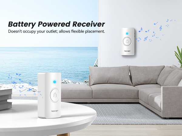 Battery-powered wireless doorbell receiver on coffee table in living room. Wall-mounted transmitter visible. Text highlights flexible placement without outlet.