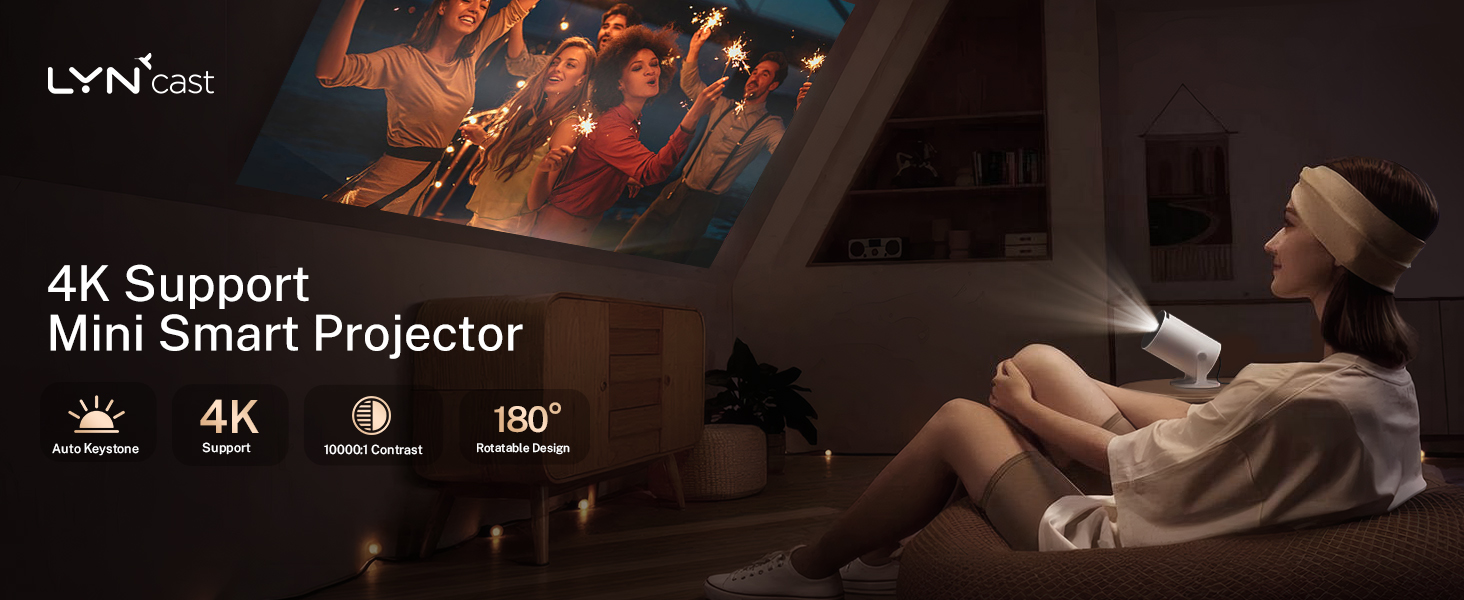 Text reads '4K Support', 'Mini Smart Projector'. Home theater setup showing a projector displaying content on a large screen in a darkened room.